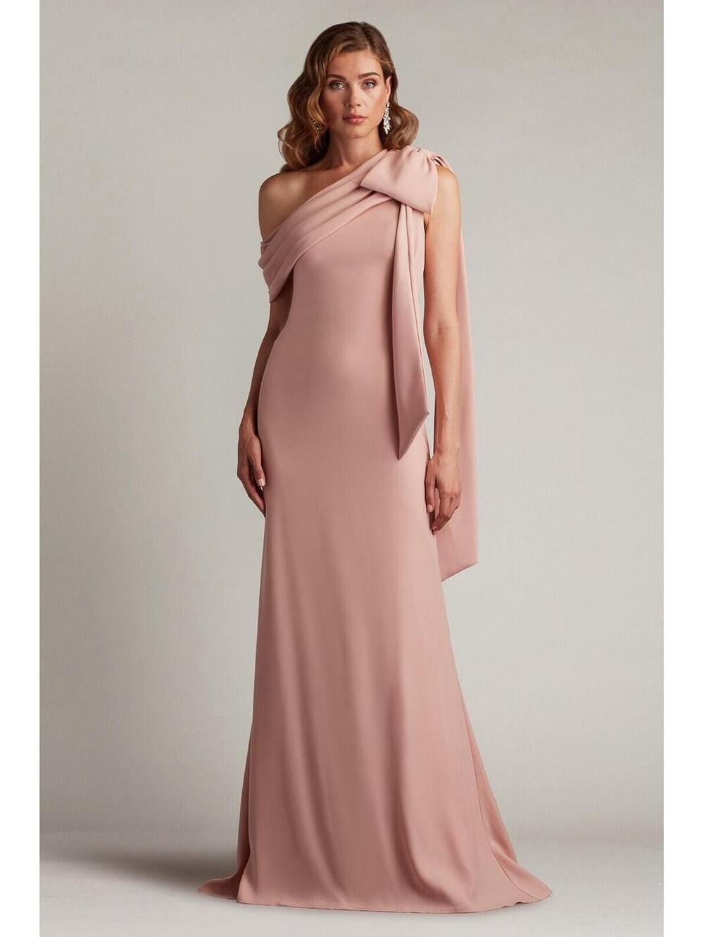 New Tadashi Shoji Cassia Bow-Shoulder Crepe Gown In Pale Pink Sz 10 $378